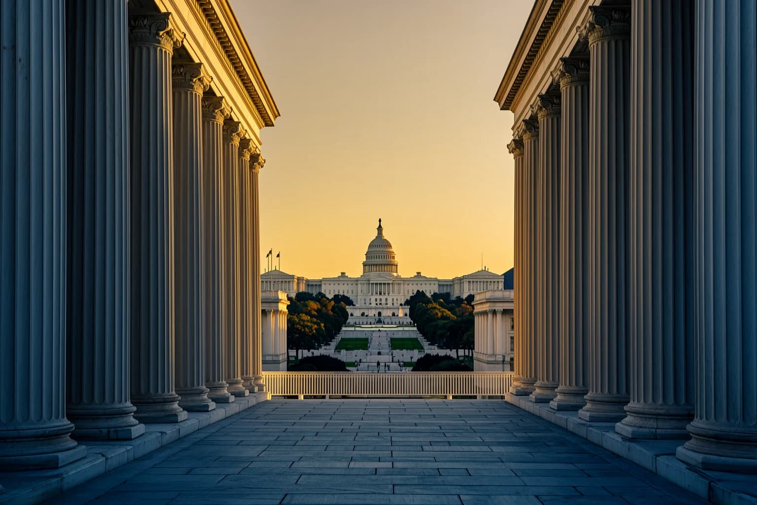 Classical columns framing the Capitol at sunset