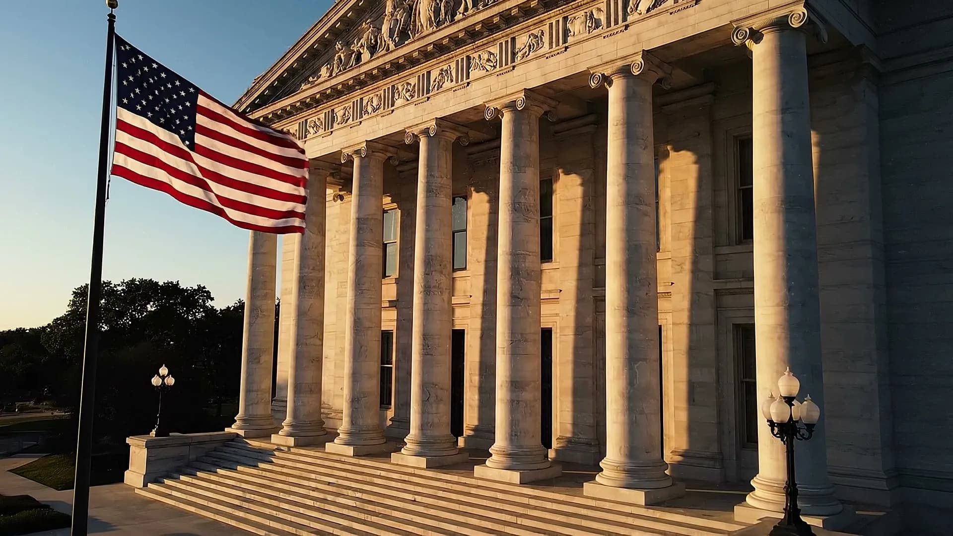 Classical civic architecture at golden hour